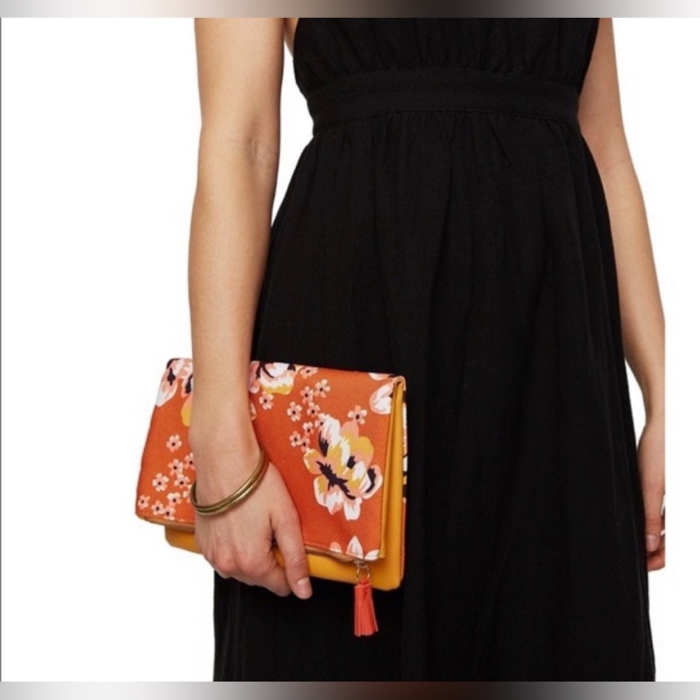 Rachel Pally Anthropologie Zahara Floral Orange Reversible ZipTop Clutch New